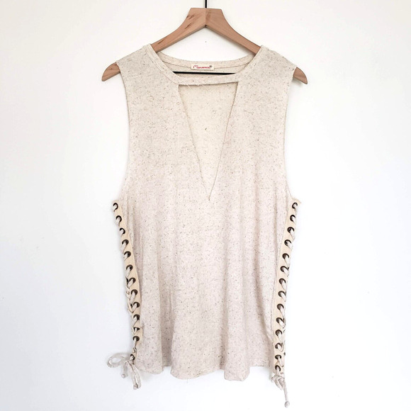 Maronie SIZE S Cream Textured Tunic Tank Top Distressed Lace Up Sides Keyhole - Picture 1 of 14